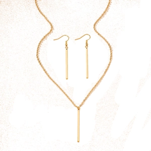 Elegant gold jewelry set with geometric rectangular pendant necklace and matching drop earrings