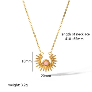 Detailed size specifications for a gold sun pendant necklace with a pink gemstone inlay
