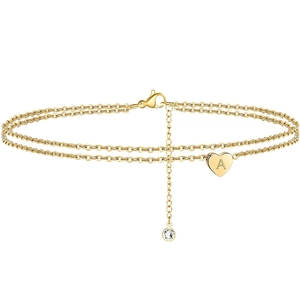 Double Layered Anklet With Heart Initial Letter Pendant Gold Plated Titanium Steel Rhinestone Beach Jewelry For Women