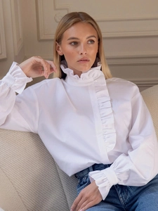 Women Cotton Ruffle Blouse Elegant Mock Neck Long Sleeve French Vintage Pleated Shirt White