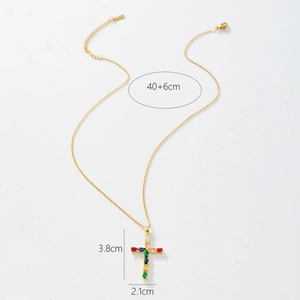 Detail view of 18k gold cross necklace pendant showing 40+6cm length and 3.8x2.1cm dimensions