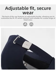 Détail de la boucle en métal réglable sur casquette bleu marine avec curseur gravé