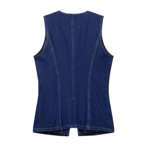 Slim fit dark blue denim vest featuring back split hem and reinforced stitching details