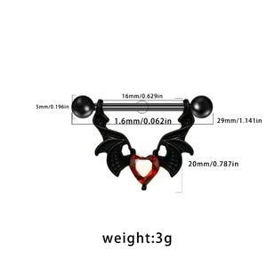 Bouclier de téton ailes de chauve-souris noires avec zircon cœur rouge et mesures