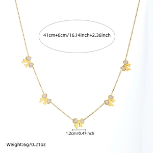 Gold stainless steel necklace with five white bow pendants and size measurements