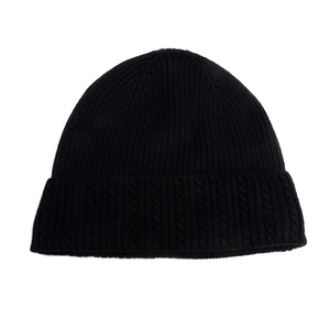 Classic black ribbed knit beanie hat with thermal fleece lining for winter warmth
