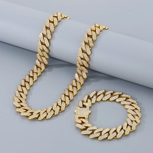 Men's Iced Out Cuban Link Chain Necklace And Bracelet Set Stainless Steel Rhinestone Hip Hop Streetwear Jewelry
