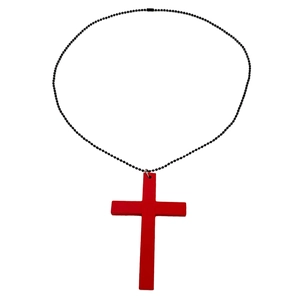 Retro Halloween wooden red cross pendant necklace with black beaded chain for unisex outfits