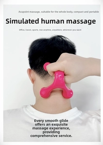 Close-up of pink handheld 4-leg manual massager being used for neck pressure point relief