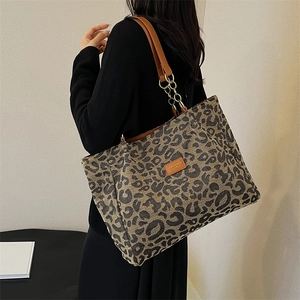 Leopard Houndstooth Checkered Canvas Tote Bag Large Capacity PU Leather Strap Metal Chain Retro Style Women Bag