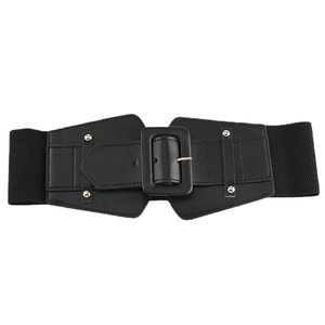 Retro elastic wide waist belt with black faux leather front and square buckle decoration