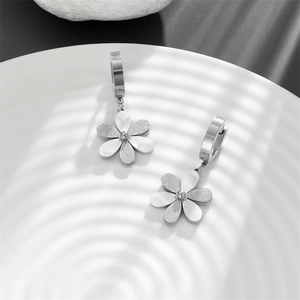 Polished silver titanium steel flower earrings with matte and pearl luster petals