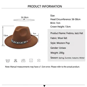 Chapeau Fedora Jazz en laine avec ruban perlé, taille 56-58cm et bord de 7cm