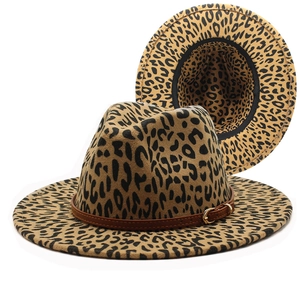Detailed view of leopard print fedora hat featuring wool felt texture and brown leather belt buckle