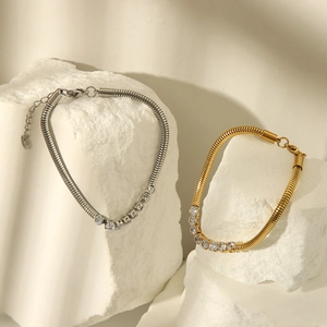 18K gold plated stainless steel spring snake chain bracelet with zircon stones for women