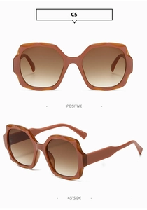 Detail view of wavy frame sunglasses with brown gradient lenses in front and side angles