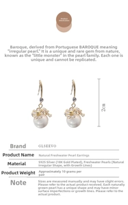 Detailed view of Edison Baroque pearl earrings with zircon flower accents in S925 gold plating