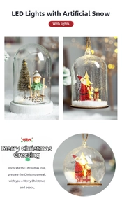 Macro shot of Christmas glass globe featuring artificial snow and warm LED fairy lights