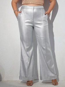 Women Plus Size Silver Metallic High Waist Wide Leg Pants Shiny Reflective Straight Trousers Streetwear Party Club