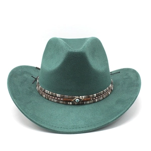 Bohemian teal suede felt fedora hat with evil eye ornament and metallic rivets detail