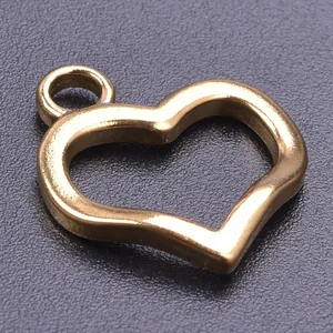 Detail shot of golden heart pendant with hollow design and polished stainless steel finish