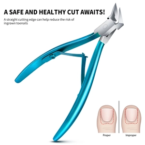 Macro detail of blue cuticle nipper with diagram showing correct nail trimming technique