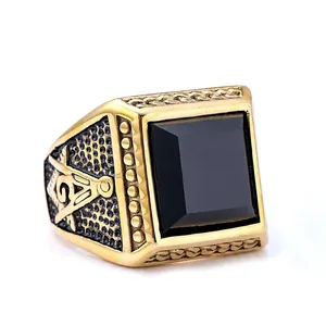 Men's retro stainless steel Masonic ring with square black gemstone and G sign