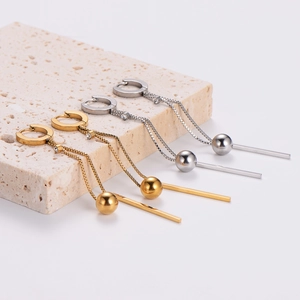 Polished gold and silver long tassel earrings with beads and geometric metal bar pendants