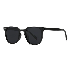 Classic polarized black round-frame sunglasses with silver rivet detail on white background