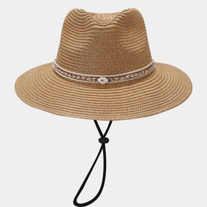 Women's summer straw cowboy hat with ethnic band and adjustable chin strap for beach sun protection