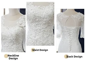 Detailansicht von Spitzenkragen, bestickter Taille und Rückenschnürung am weißen Hochzeitskleid