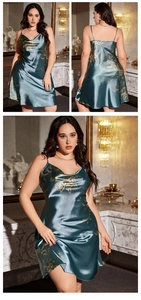 Three-way view of a teal floral satin chemise nightgown showing front and back details