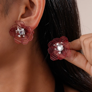 Hollow Mesh Flower Stud Earrings Copper Zircon With 925 Sterling Silver Earring Post Vintage Elegant Women
