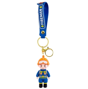 Detail of firefighter keychain with blue silicone strap and 3D cartoon PVC figurine