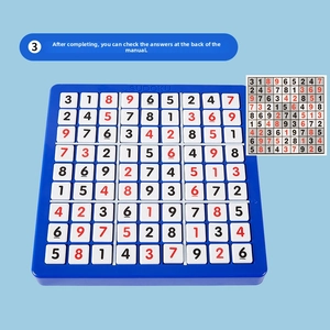 Detailed top view of 9x9 Sudoku puzzle board with blue base and numeric sliding blocks
