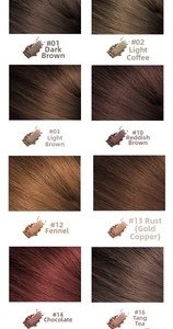 Hairline shadow powder shade guide showing 8 color swatches from dark brown to light coffee