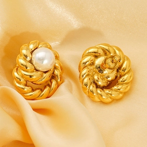 18K gold-plated twisted rope stud earrings with elegant white pearls on yellow silk