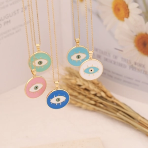 Enamel Evil Eye Pendant Necklace Copper Gold Tone Circular Charm Fashion Jewelry For Women Girls
