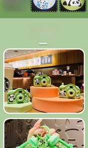 Detail of green panda camera keychain with cute panda patterns and matching carabiner clip