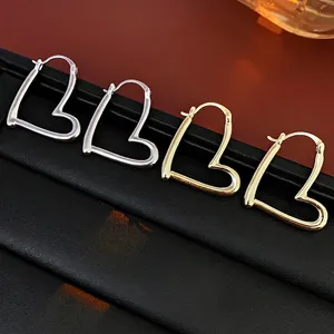 Boucles D'oreilles Créoles En Cœur Minimaliste Creux Géométrique Cuivre Bijoux Avec Tige En Acier Inoxydable