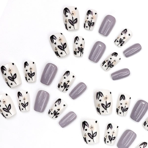 Short ballet purple and white press-on nails with floral patterns and heart details