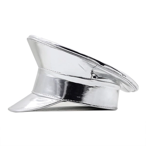 Side view of metallic silver laser PU leather flat top military hat with reflective surface