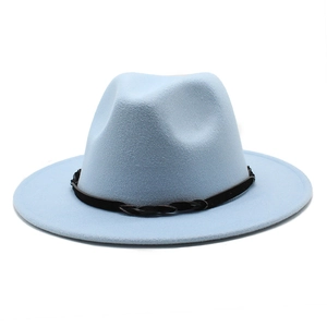 Close-up of light blue fedora hat featuring a black braided leather band detail