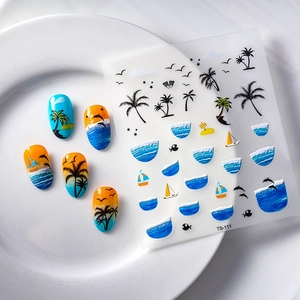 Tropical 5D embossed nail stickers featuring blue palm trees and dolphins, model TS-111