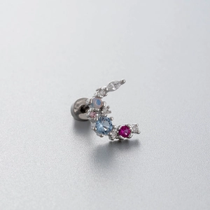 Titanium steel crescent ear stud featuring colorful cubic zirconia and a screw back