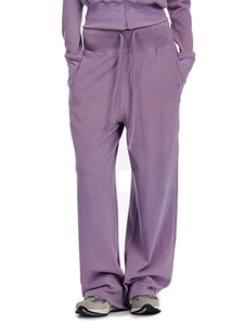 Detailed view of purple straight leg joggers featuring adjustable drawstring waist