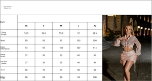 Detailed size guide table for sequin jacket and bodycon skirt fashion two-piece set
