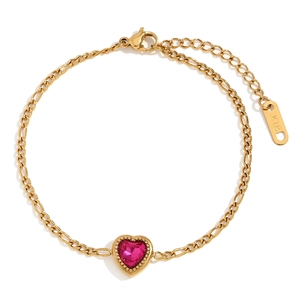 18K gold plated stainless steel Figaro chain bracelet with heart-shaped red zircon gem