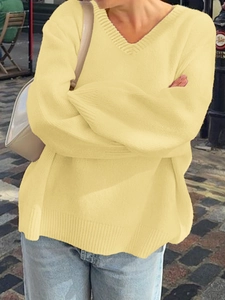 Women's casual loose-fit pale yellow V-neck knit sweater top for autumn outdoor wear