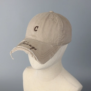 Distressed khaki baseball cap with leopard embroidery letter C and Chicago side stitching